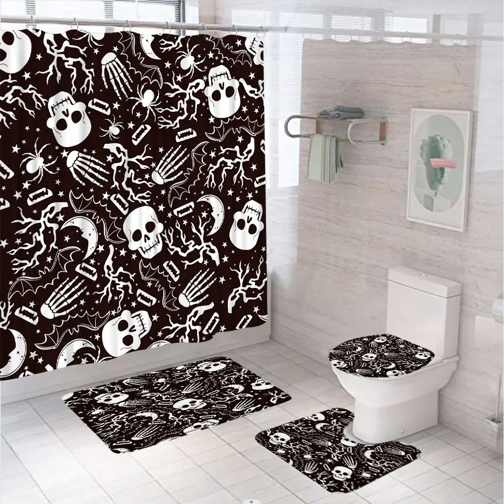 4Pc Cute Halloween Shower Curtains Set Bathroom Decor Skull Hand Spider Bat Fabric Screen Non-Slip Bath Mat Rug Toilet Lid Cover