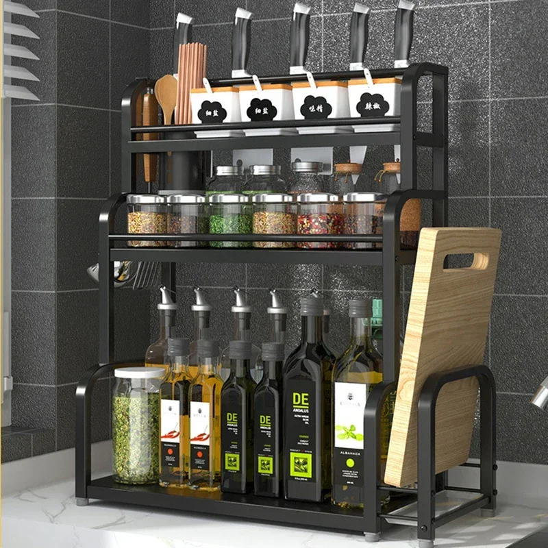 Estante organizador de condimentos de cocina, soporte para cuchillos, aceite multicapa, salsa, especias, tarros, condimentos, tabla de cortar, estantes para cuchillos