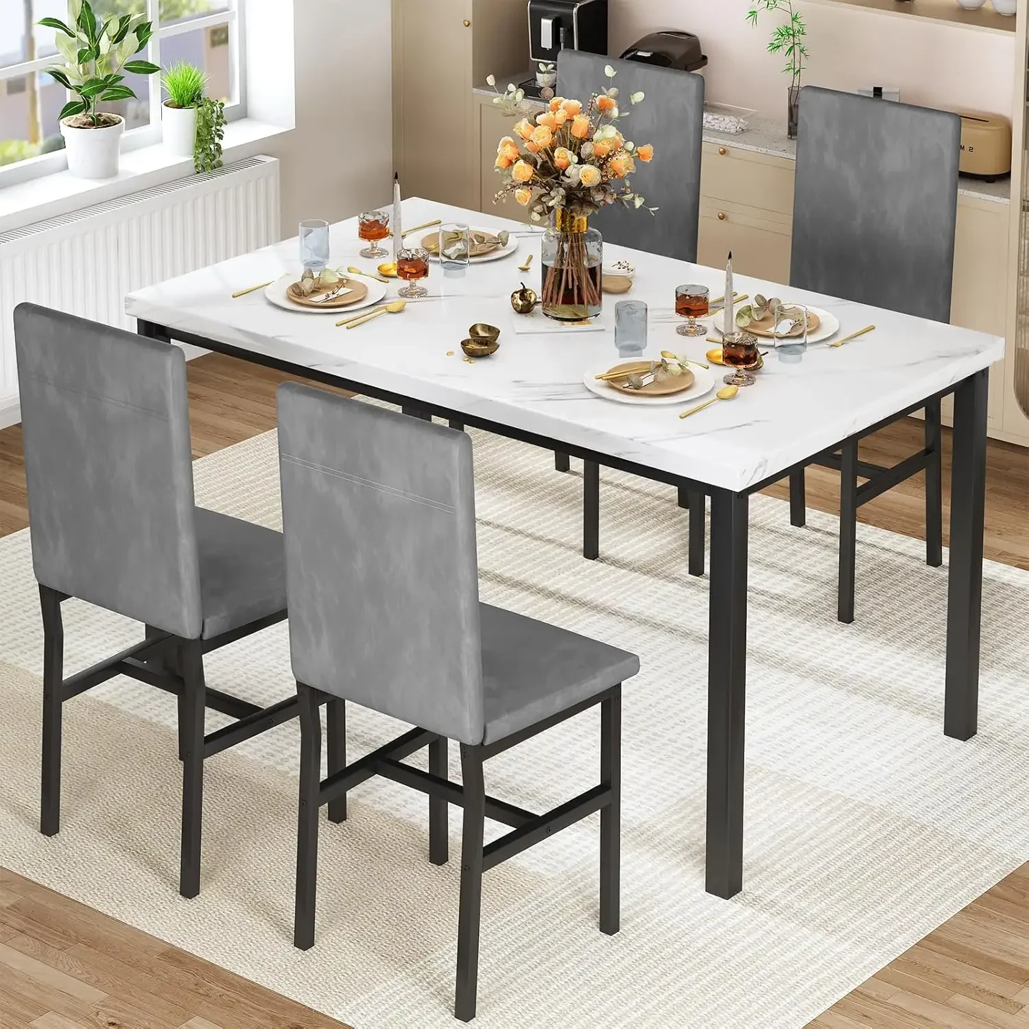 Dining Table Set for 4, Modern Kitchen Table and Chairs Set of 4, Space Saving 5 Piece Dining Room Table Set with Faux Marble To