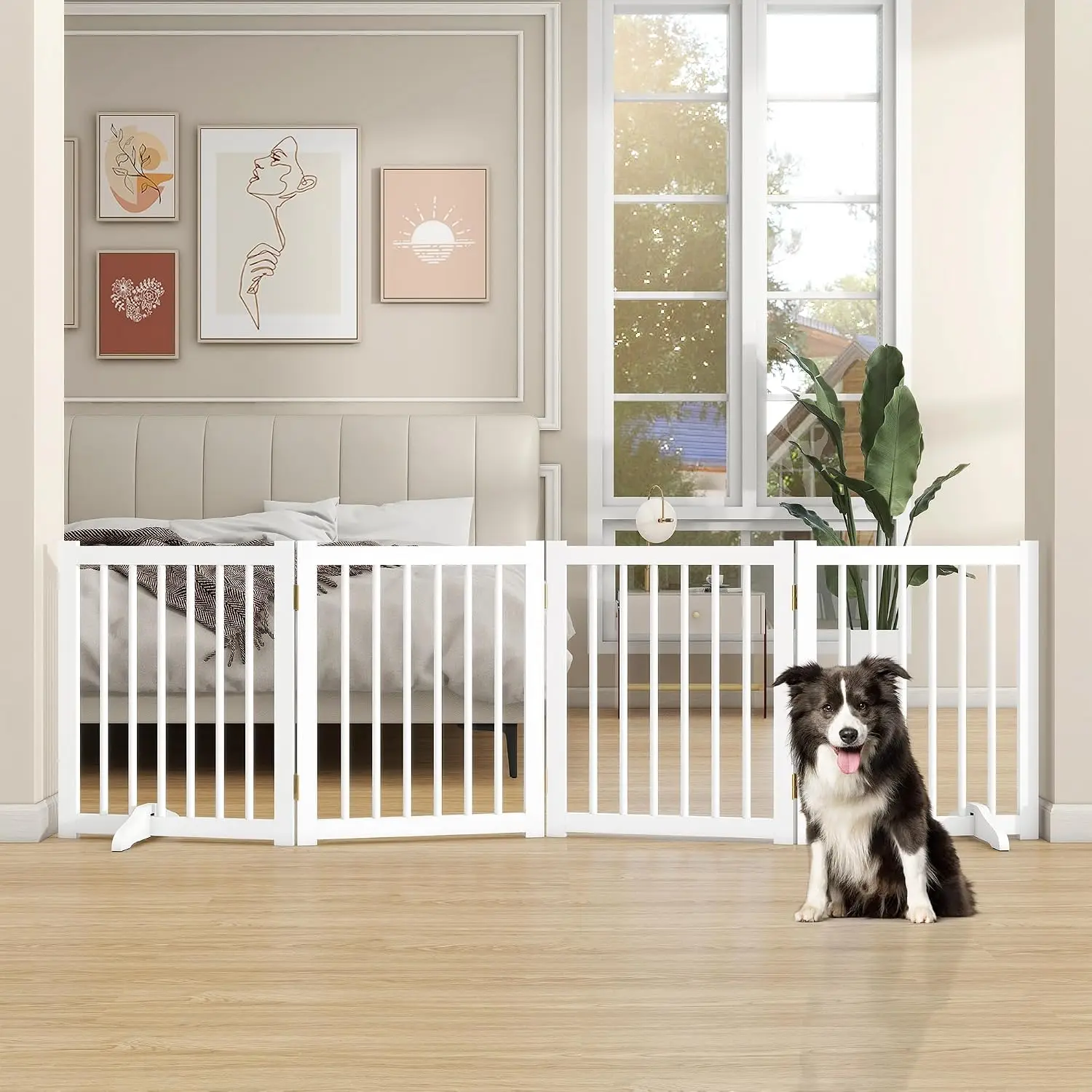 Solid Wood Freestanding Pet Gate Four Panels 24 Inch Folding Safety Fence Two Support Feet Stairs Doorways Halls Kitchens Indoor