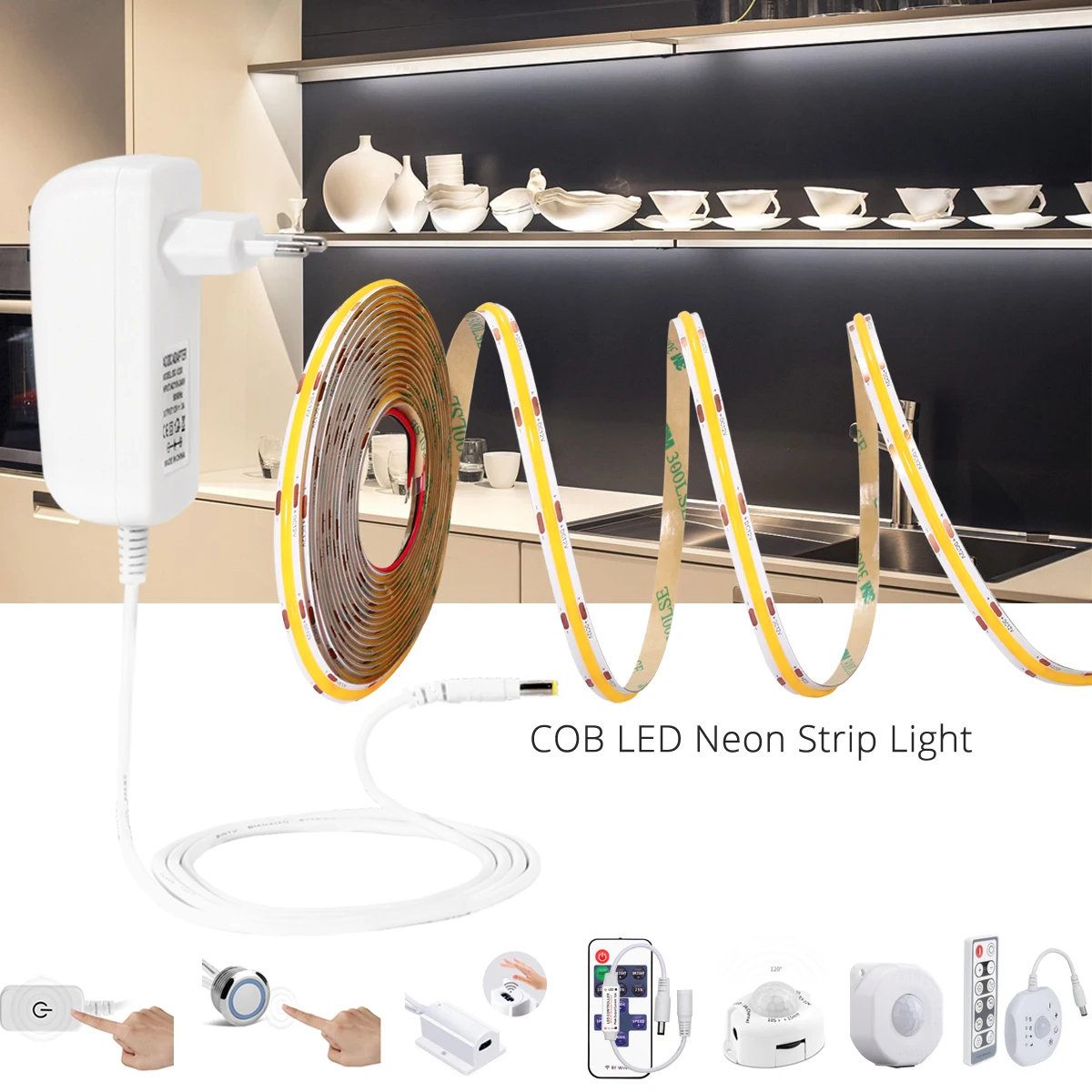 

DC 12V COB Led Strip Tape Light 320 leds/m Width 8mm with Adapter Cabinet Door Touch Dimmer Hand Sweep PIR Motion Sensor Switch