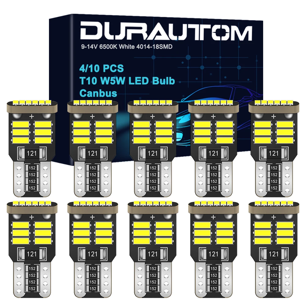 DURAUTOM 4/10 PCS T10 W5W LED Bubs Canbus 12V 4014-18SMD Super Bright White Car Interior Dome Door Trunk License Plate Lights