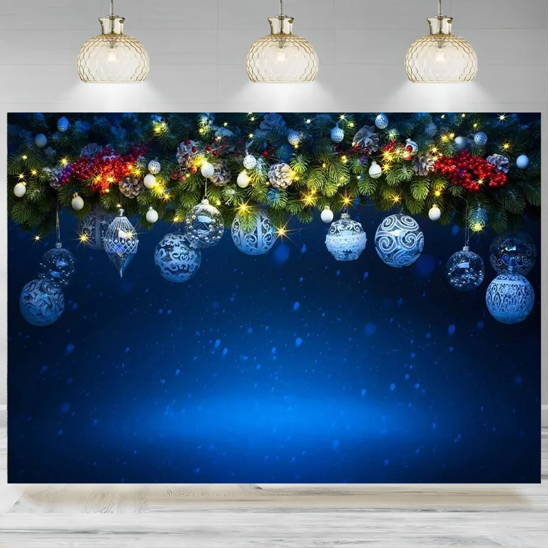 Blue Backdrop Photography Christmas Ball Backdrop Xmas Holiday Photo Background Party Decoration Family Gathering Props Banner