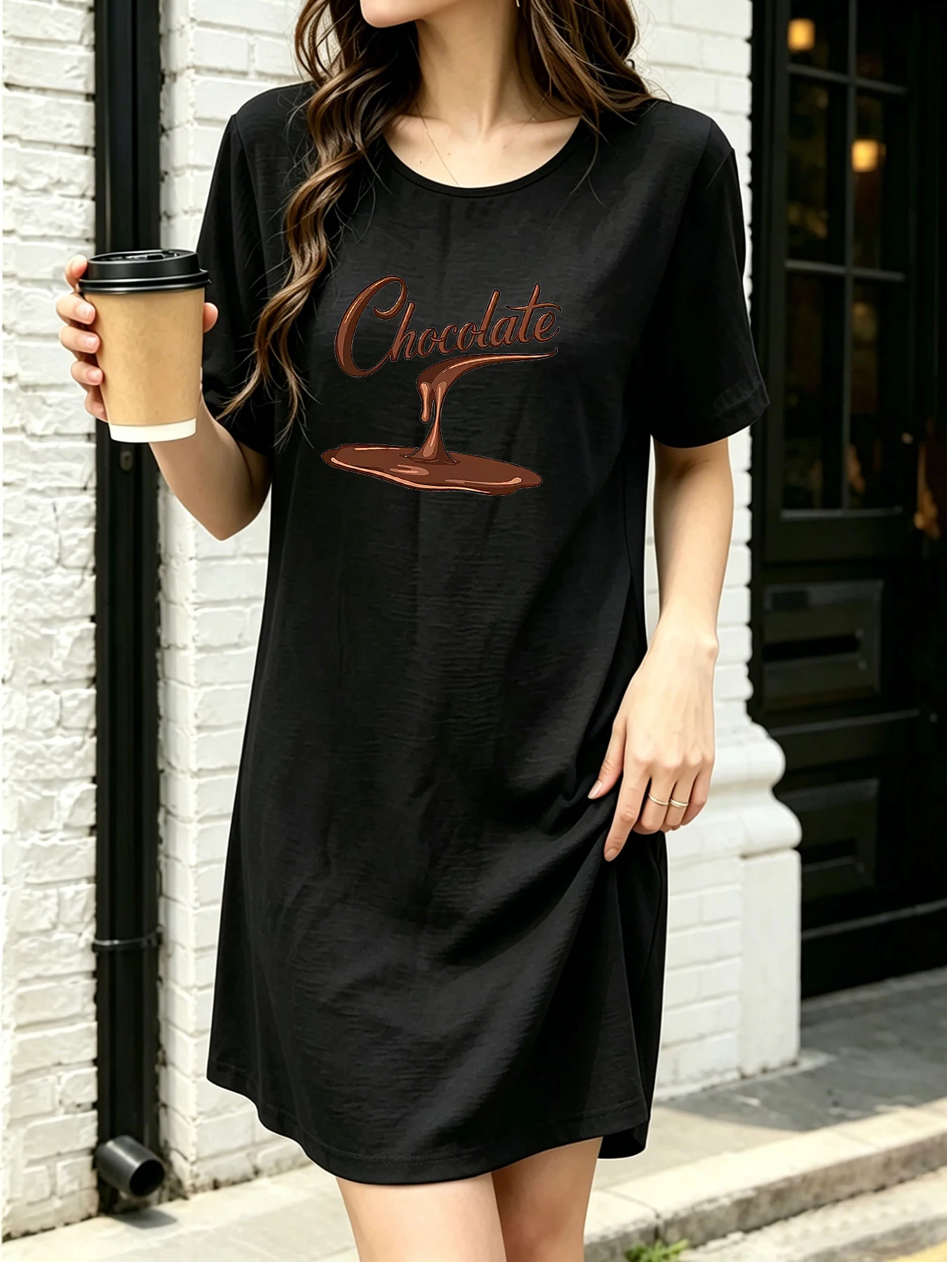 

Summer Thin Breathable T-Shirt Dress, Soft and Skin-Friendly, Slimming Short-Sleeve Dress, Chocolate-Colored Fun Print, Casual Mid-Length Style
