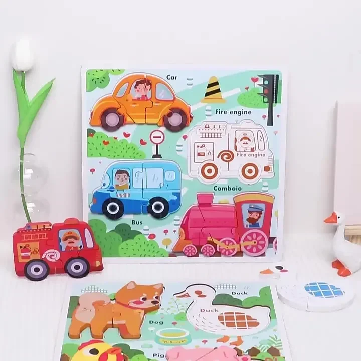 Hölzernes Aufklärungsblock-Puzzle für Kinder, Dinosaurier, Fisch, Auto, Tier, pädagogisches frühes Lernspielzeug, lustiges bestes Geschenk
