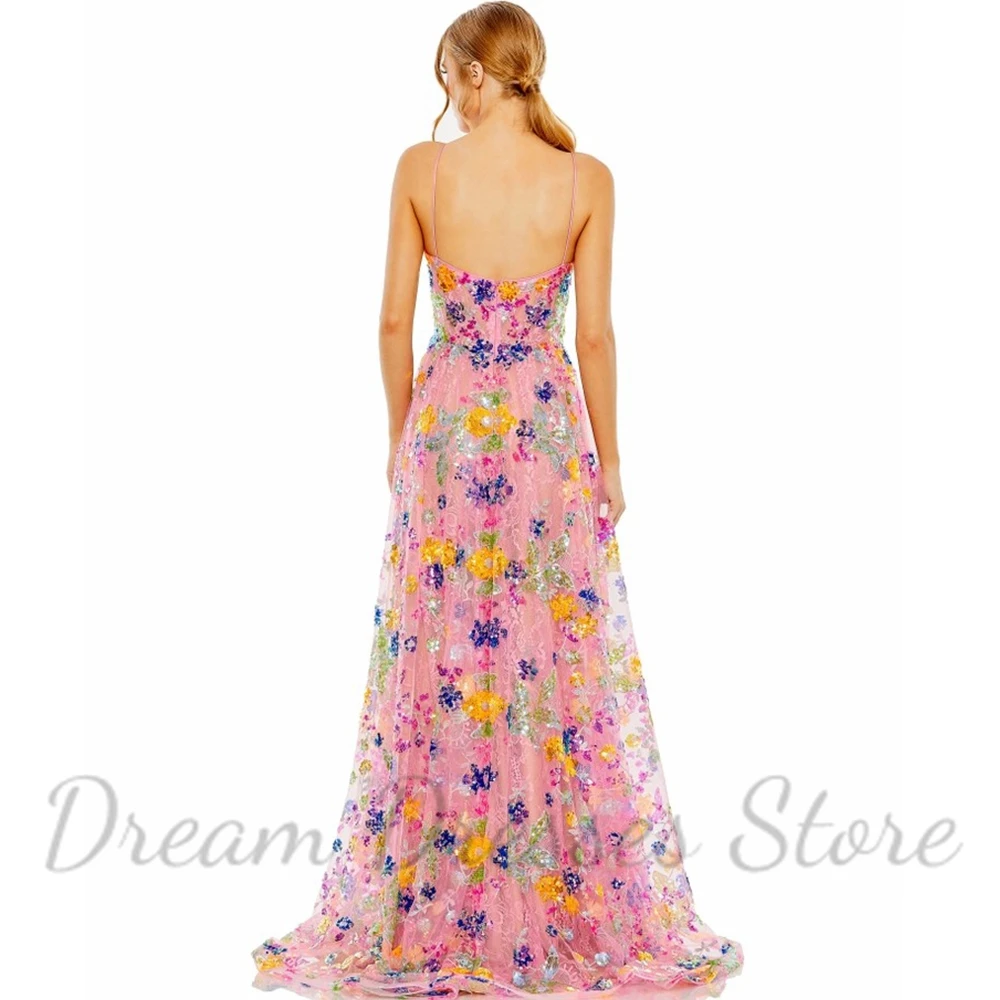 Exquisite High/Low A-Line Evening Dress Spaghetti Straps Sleeveless Sequin Lace Tulle Backless Women Sweep Train Prom Gowns