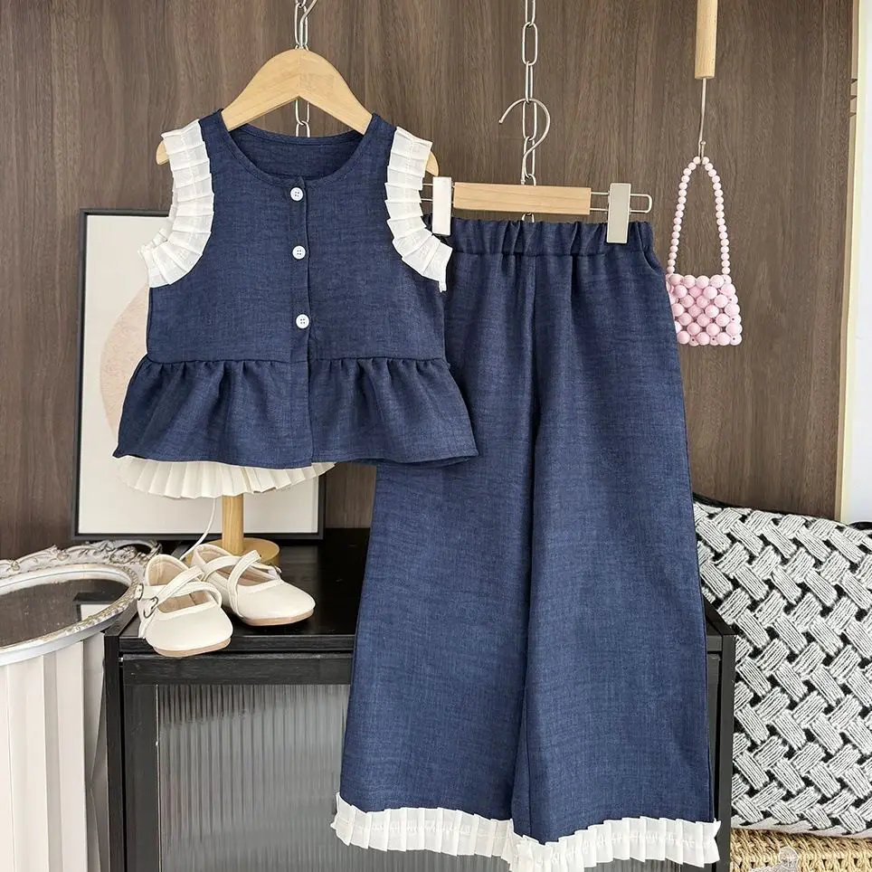 Girls Blue Imitation Denim Suit Korean Version Kids Clothes Summer New Sleeveless Top+Wide Leg Pants Two-piece Set