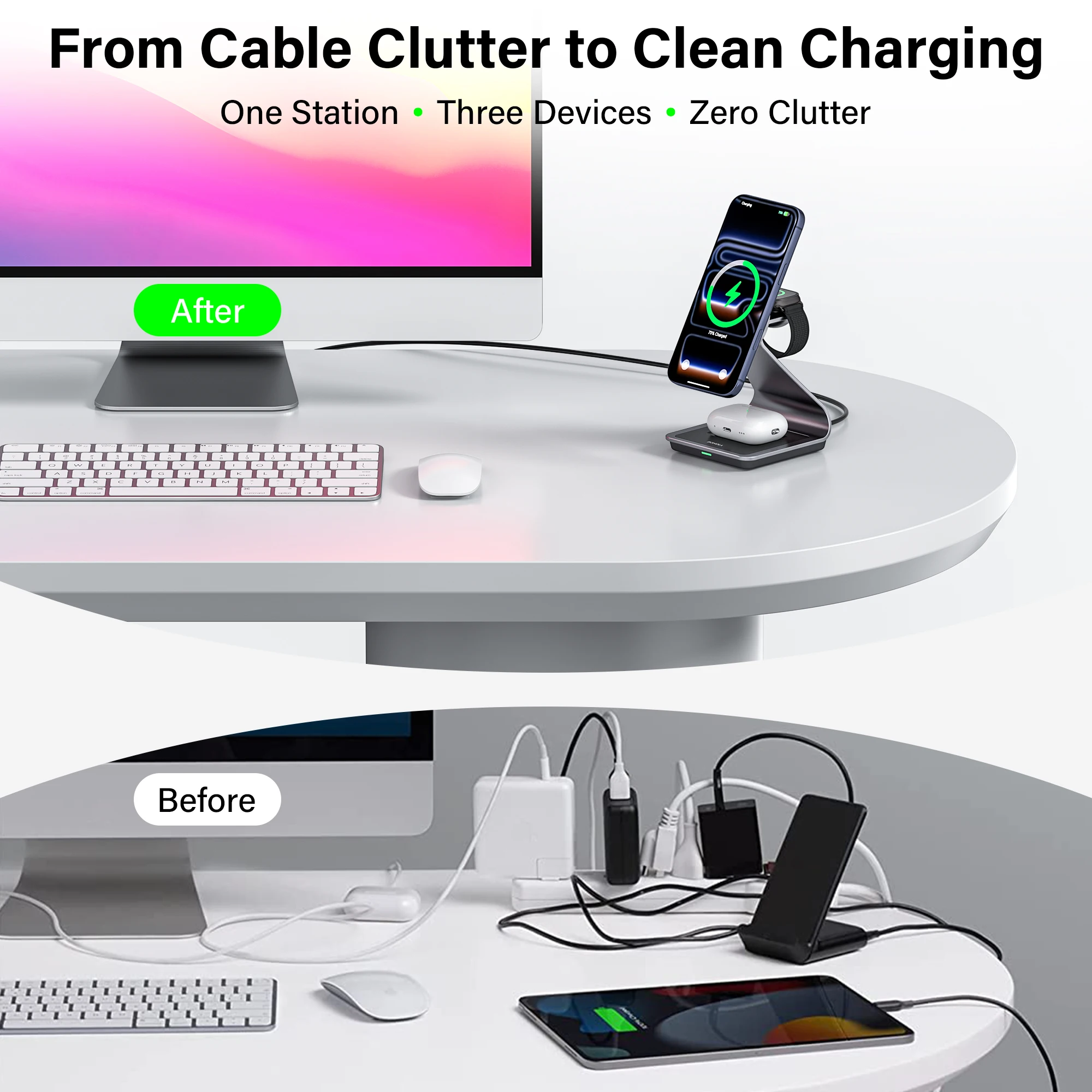Bonola 3-in-1 Magnetische Kabellose Ladestation für iPhone 17/17 Pro Max/16/15 15W Kabelloses Laden für Apple Watch AirPods Pro – Detail 6