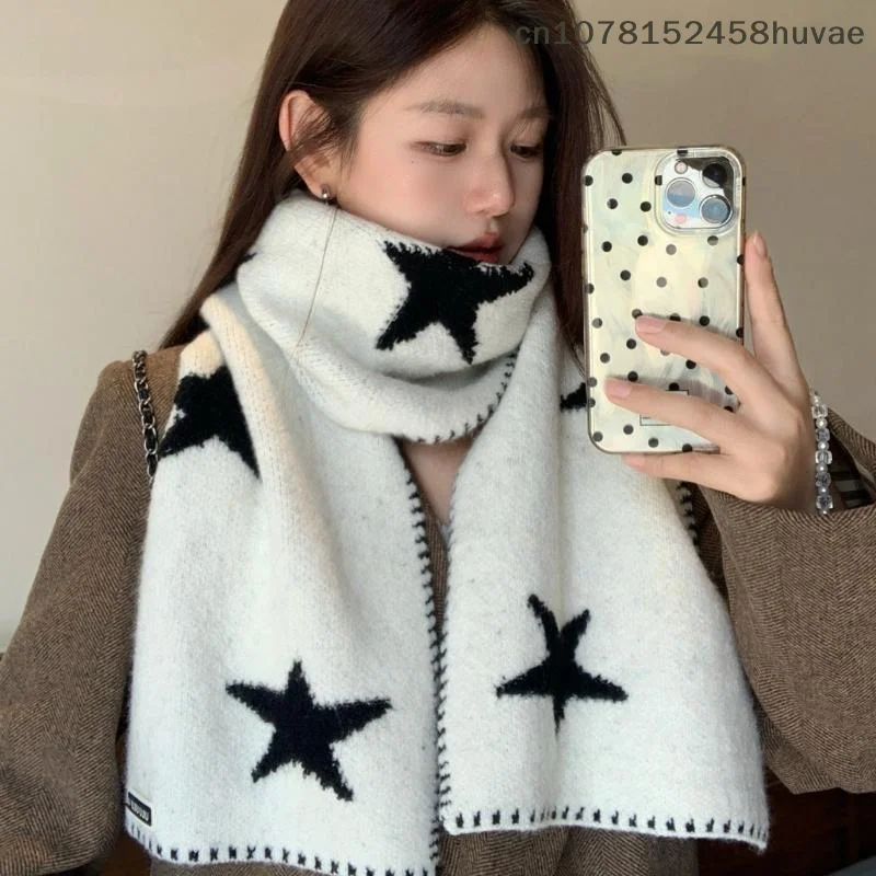 

{MAX-66} Autumn And Winter Star Print Scarf Women Thickened Warmth Korean Wrap Shawl Versatile Knitted Scarf
