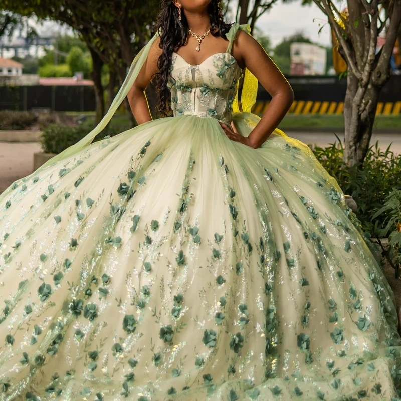 

Sage Green Shiny Quinceanera Dresses Off The Shoulder Applique Flower Beading Crystal Tull With Cape Corset Party Birthday Sweet