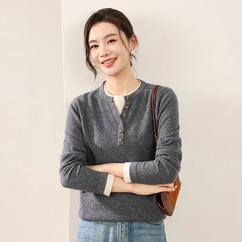 Outono inverno 100% lã camisola de manga comprida pulôver falso de duas peças moda casual feminino malhas minimalista lazer topo