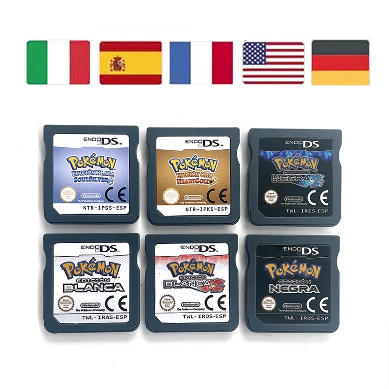 ESP FRA ITA USA NOE بوكيمون أسود أبيض 1 2 شوارز Weiß Noir بلانك HeartGold SoulSilver لعبة خرطوشة ل ds nds 3ds