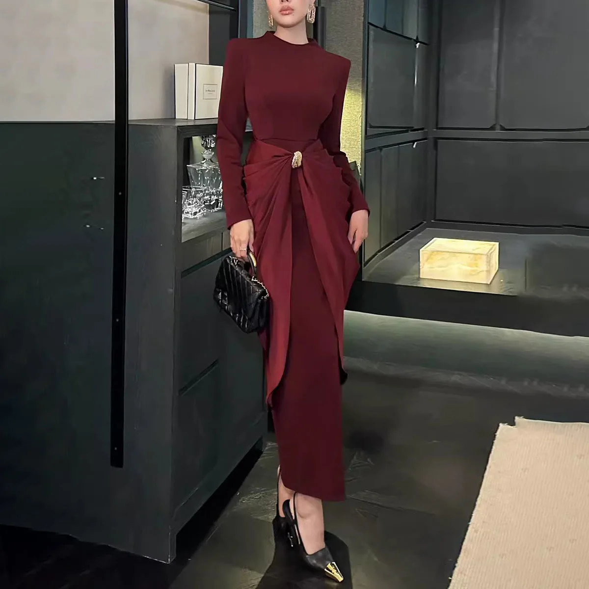 KWTX Damen-Kleid, solide, schlankmachende, gespleißte Falten, elegante Kleider für Damen, Rundhalsausschnitt, lange Ärmel, hohe Taille, Damenbekleidung, Neu