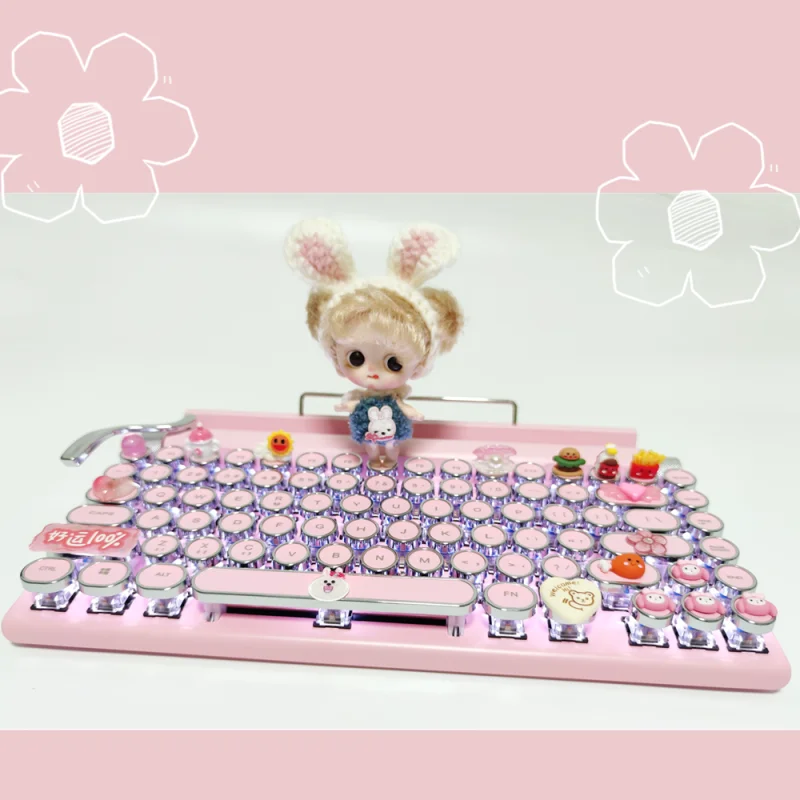 Lovely doll Bluetooth typewriter keyboard Retro dot 83 keys Green switch backlight Wireless wired Mechanical keyboard for girl