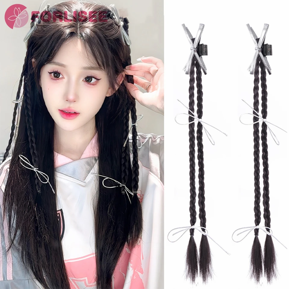 

FORLISEE Synthetic Wig Braid Claw Clip New Chinese Ballet Style Ribbon Braided Long Braid Hair Accessories Double Ponytail Wig