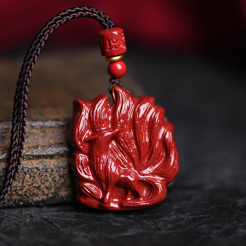 Natural Raw Stone Cinnabar Nine Tailed Fox Obsidian Men's Pendant Necklace Female Fox