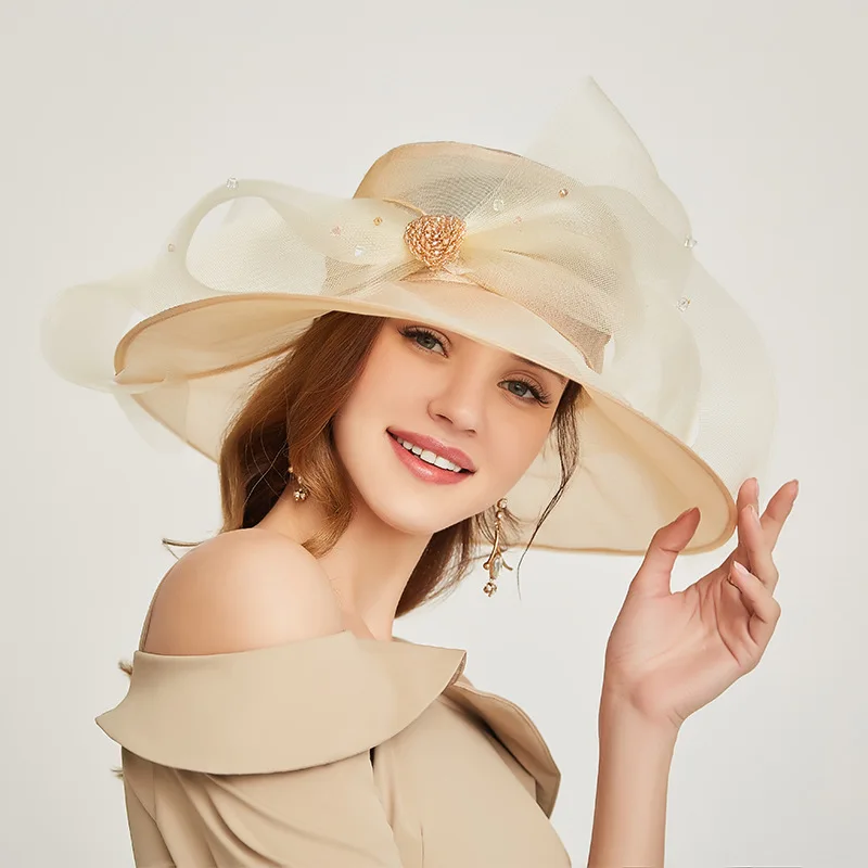 Fashion personality organza flat cap exquisite elegant British style banquet top hat women\'s travel sunscreen visor hat