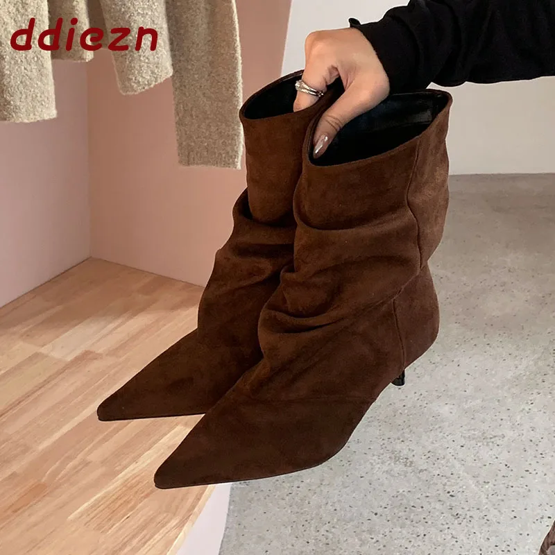 New Winter Fashion Pleated Women Ankle Boots Thin Low Heel Shoes Female Slip On Elegant Pointed Toe Ladies Short Modern Shoes