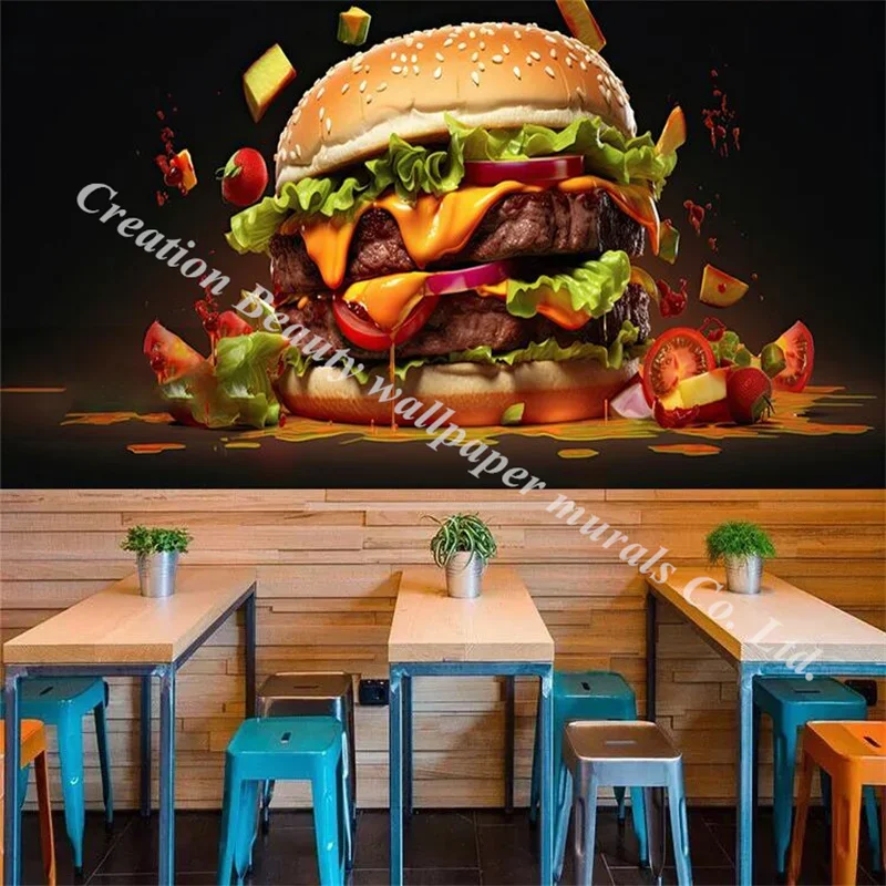 

Custom Text Burger Fast Food Restaurant Wallpaper Snack Shop Industrial Decor Mural Wall Paper Papel De Parede 3d Papel Tapiz