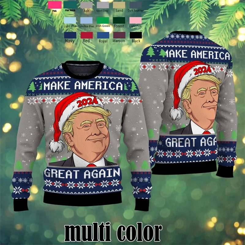 2024 trump fazer a américa grande novamente natal suéter feio moda tendência feriado natal 3d impresso moletom solto pulôveres masculinos