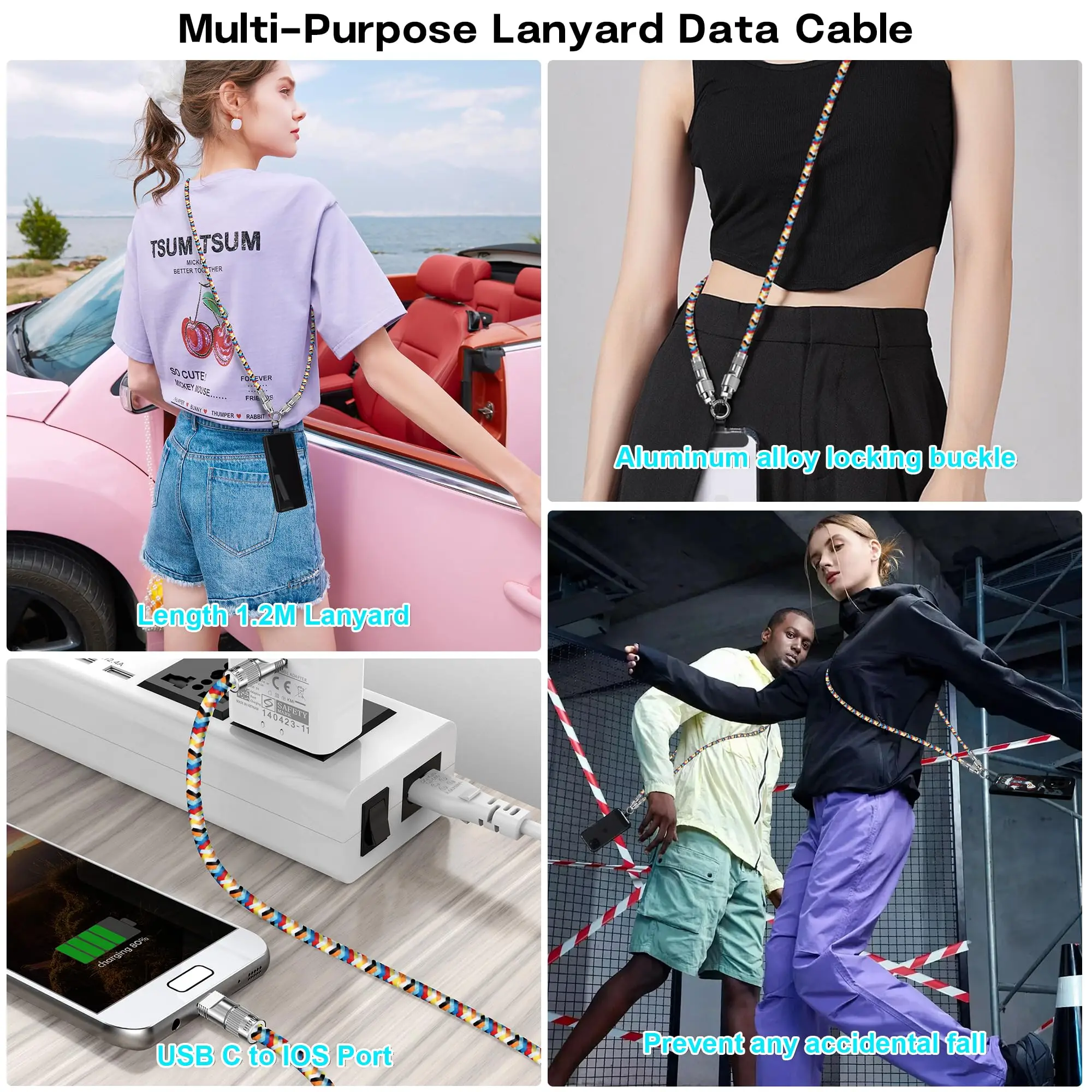 Draagbare oplaadkabel voor mobiele telefoon Lanyard voor mobiele telefoon 2-in-1 Lanyard Dual Purpose Crossbody Strap Oplaadkabel iPhone TypeC