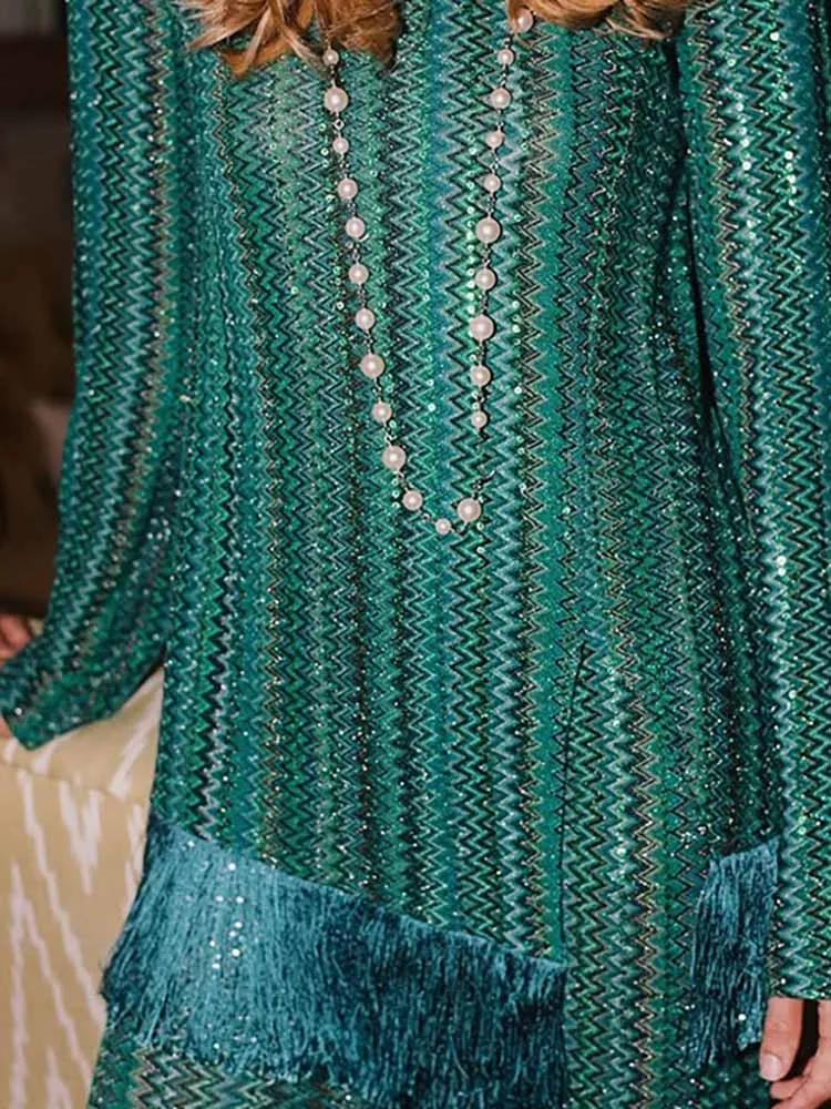 

Повседневная свободная одежда с длинными брюками, элегантный пуловер с v-образным вырезом и длинными рукавами, комплект брюк, женский модный костюм из 2 предметов в полоску с принтом и кисточками