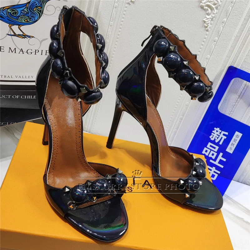 Multicolor Rivet Ball One-Strap Modern Sandals Women 10cm Thin High Heel Luxury Patent Leather Back Zip Party Shoes Summer