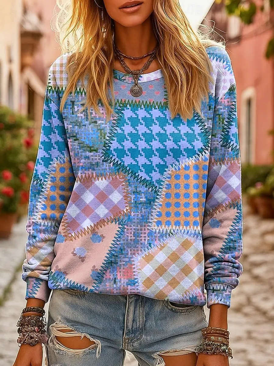 خريف شتاء البلوز المرأة الجرافيك هندسية الرجعية البلوز ثلاثية الأبعاد يطبع س الرقبة طويلة الأكمام بلايز ملابس نسائية Y2K الشارع الشهير #3