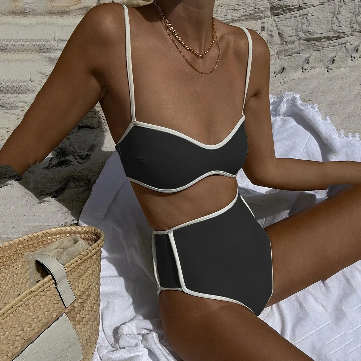 Black White Women Swimsuit Sexy Push Up Bikini Set Surfing Sliming Swimwear Brazilian Biquini Patchwork Bodysuit Girls Beachwear image 6