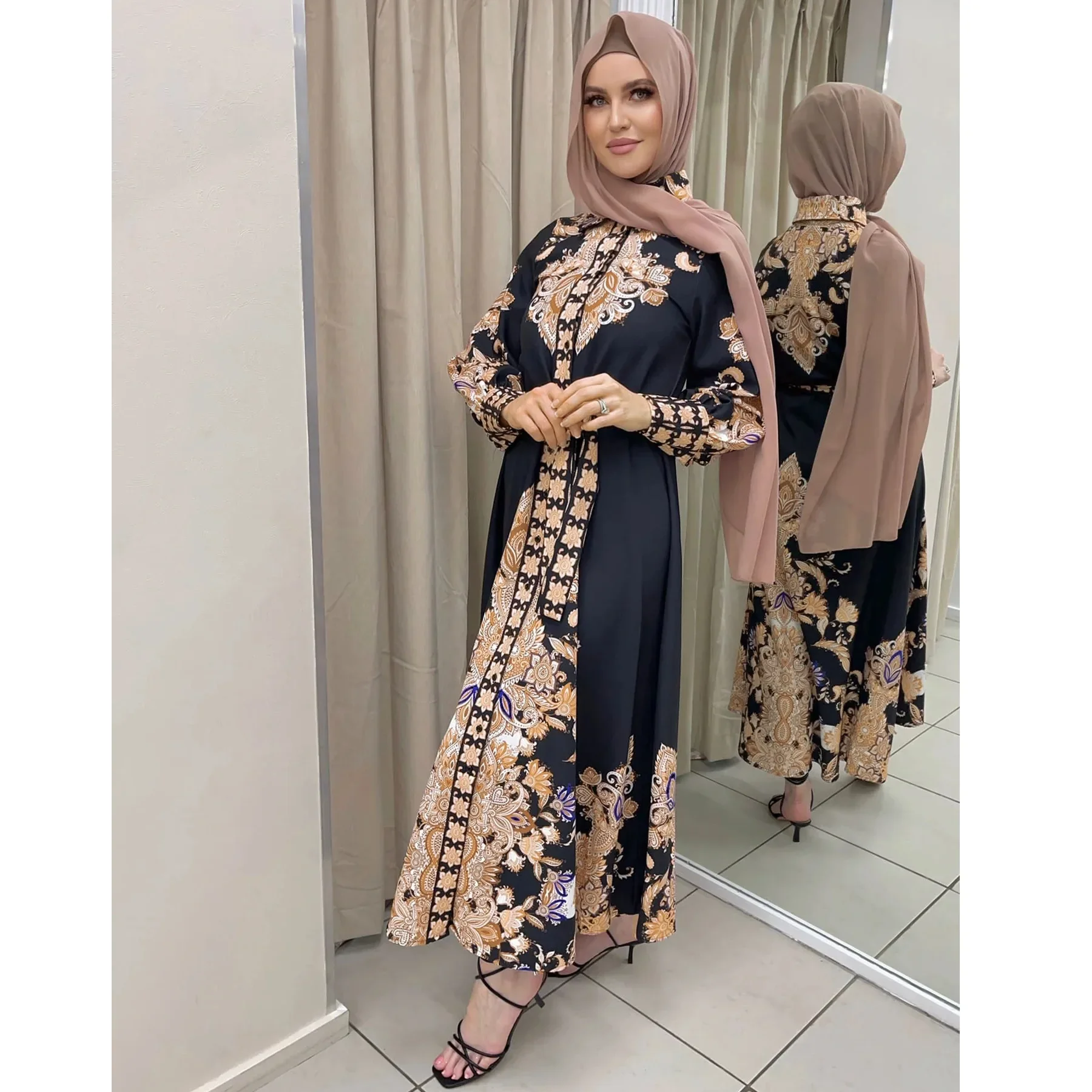 

Turn Down Collar Muslim Dress Islam Clothing Arabic-print Swing Dresses Dubai Abayas for Women Vintage National Style Jalabiya