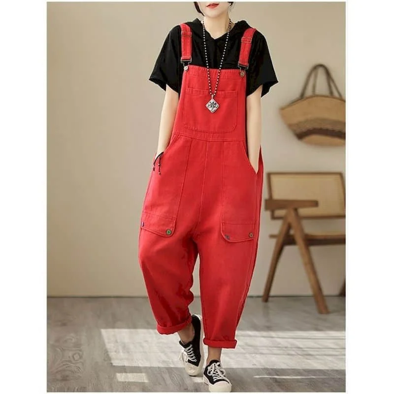 Solid Jumpsuits for Women Pocket Design Straight Pants Vintage One Piece Outfit Women Clothing Safari Style Loose Casual Rompers