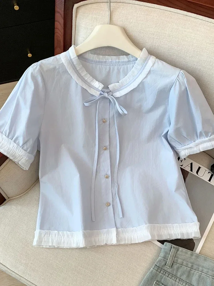 

O Neck Sweet Korean Shirt Women Casual Lace Patchwork Elegant Blouse Summer Short Sleeve Fashion Bow Preppy Style Tops New