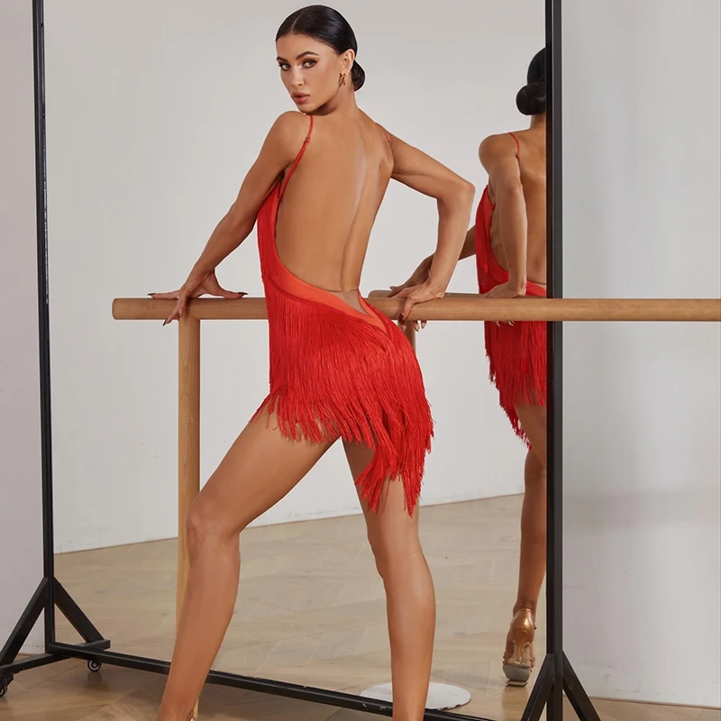 New Latin Dance Dress Women Sexy Dense Tassel Cha Cha Dance Costume Latin Competition Dress Samba Practice Fringe Dress DNV20305