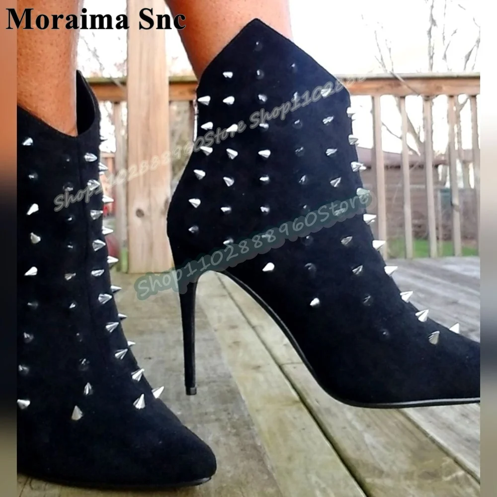 

Black Flock Metal Rivets Pointy Boots Stilettos High Heel Shoes For Women Back Zipper Pointed Toe Casual Fashionable Women Boots