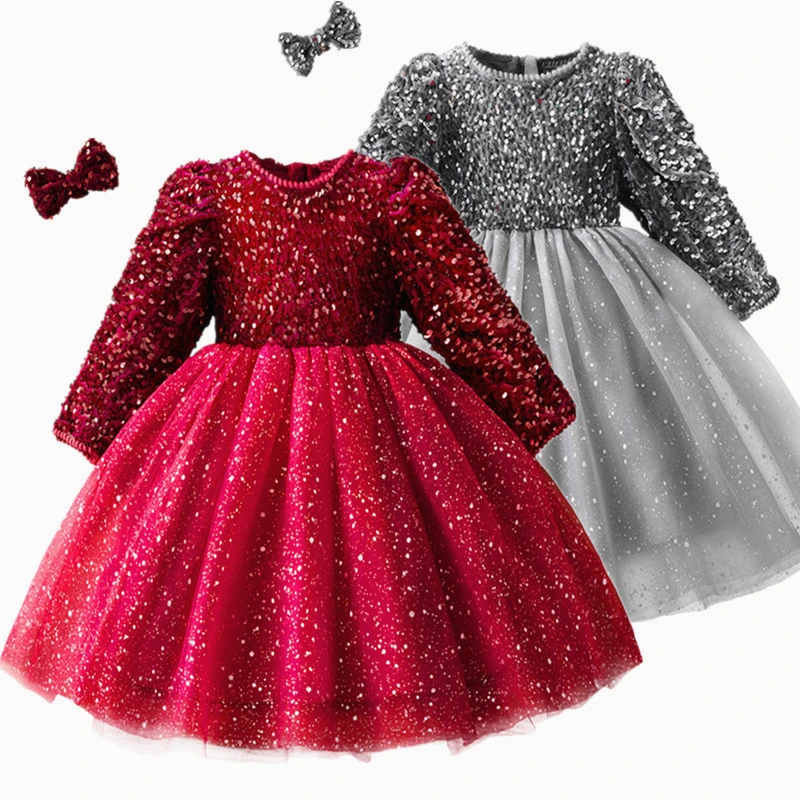 Sequin Girls Princess Party Dresses for 3-8 Yrs Kids Birthday Wedding Evening Prom Gown Spring Fall Long Sleeve Children's Dress