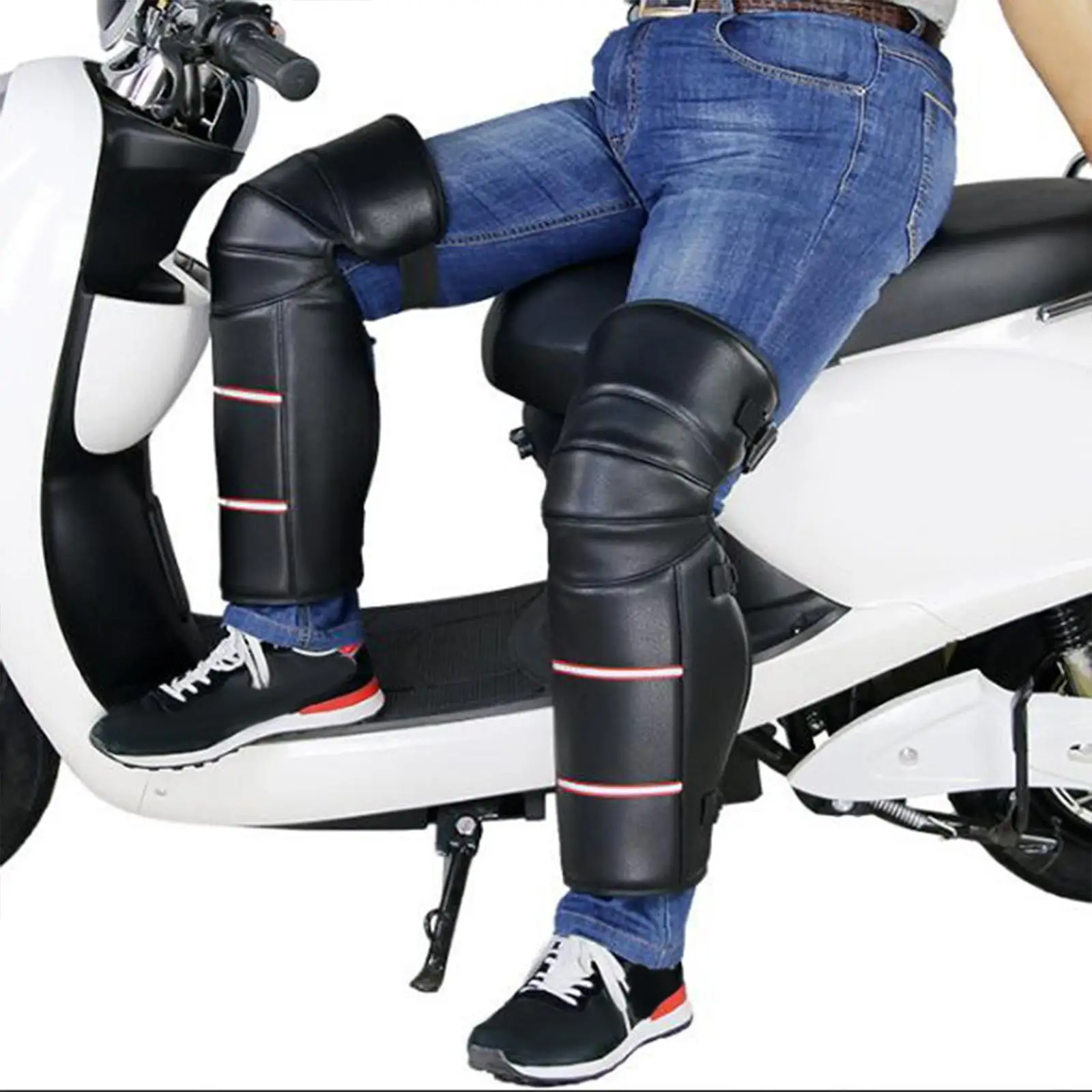Reflective Winter Motorcycle Leg Gaiter Windproof Knee Brace Guards for Cycling Riding Skating Adjustable PU Leather Warm