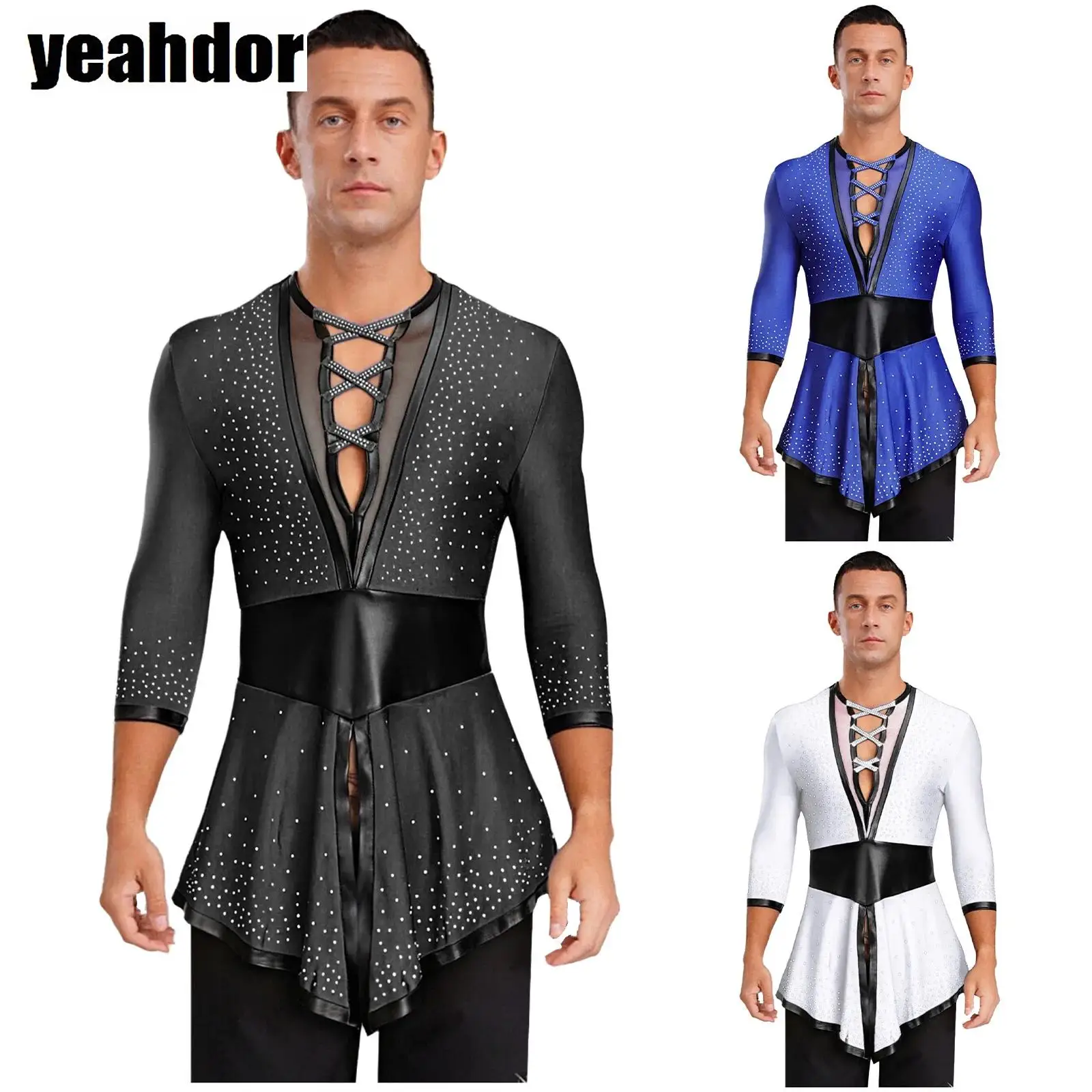 Camisas de baile latino para hombre, malla de diamantes de imitación, cuello en V, manga larga, cola de golondrina, Tops de baile, leotardo de Ballet, ropa de salón de baile Tango Flamenco