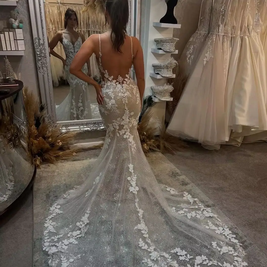 

MD New Customized Deep V-Neck Sleeveless Appliques Shiny Lace White Mermaid Wedding Dress Open Back Court Train Bridal Gown 2025