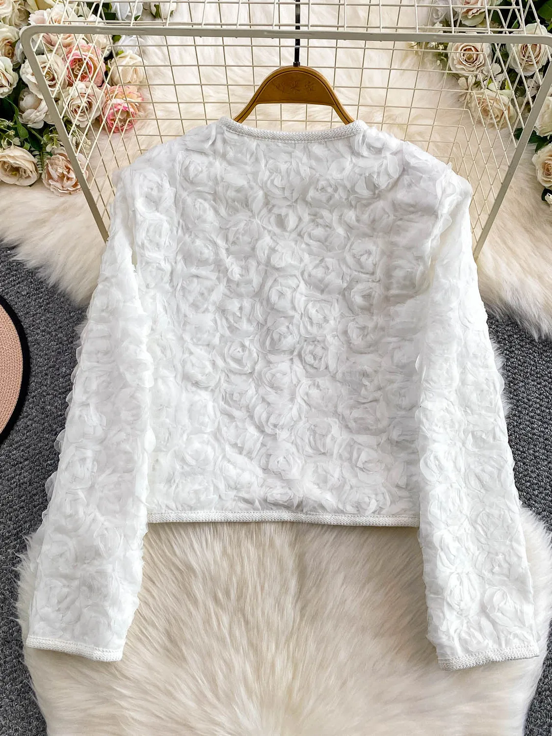 Sweet Fraance Sle Round Ne Ort Oberbekleidung Damen Luxus Design Metall Bule Top Floral 3D Verzierung Slim Fit Mantel