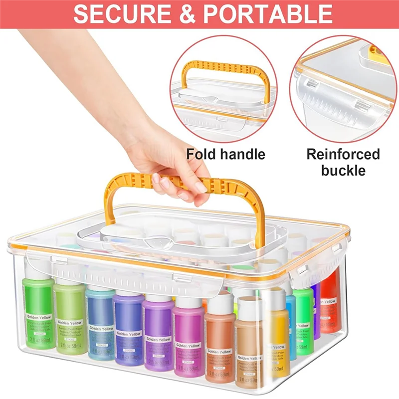 

Acrylic Paint Storage Box For 2 Fl. Oz Acrylic Paints, 48 Bottles Capacity, Brushes Craft Organizer With Handle-A98U