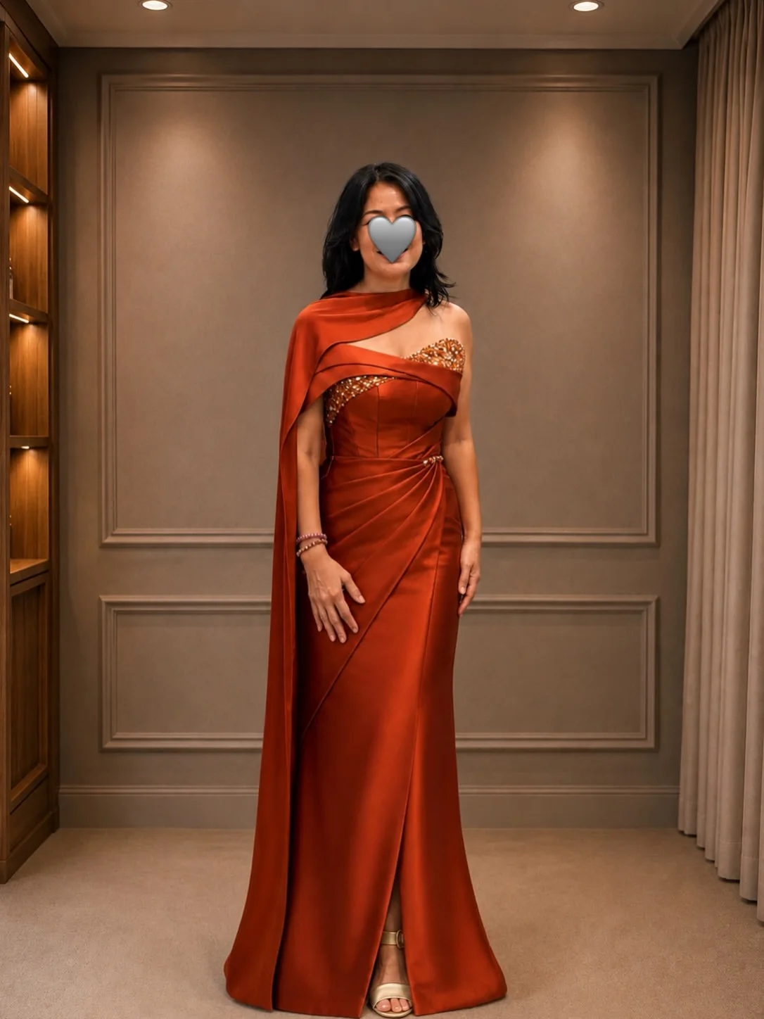 Caramel Red Glossy Satin One Shoulder Evening Gown Long Side Cape Drape Trail Bust Golden Rhinestone Beaded Asymmetrical Waist C