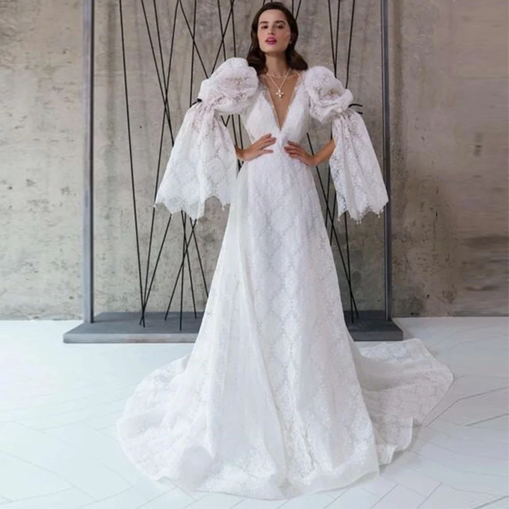 

Customized Empire White Lace Wedding Dresses Full Sleeve 2022 New Summer Floor Length Sweep Train Bridal Gowns Robe De Mariée