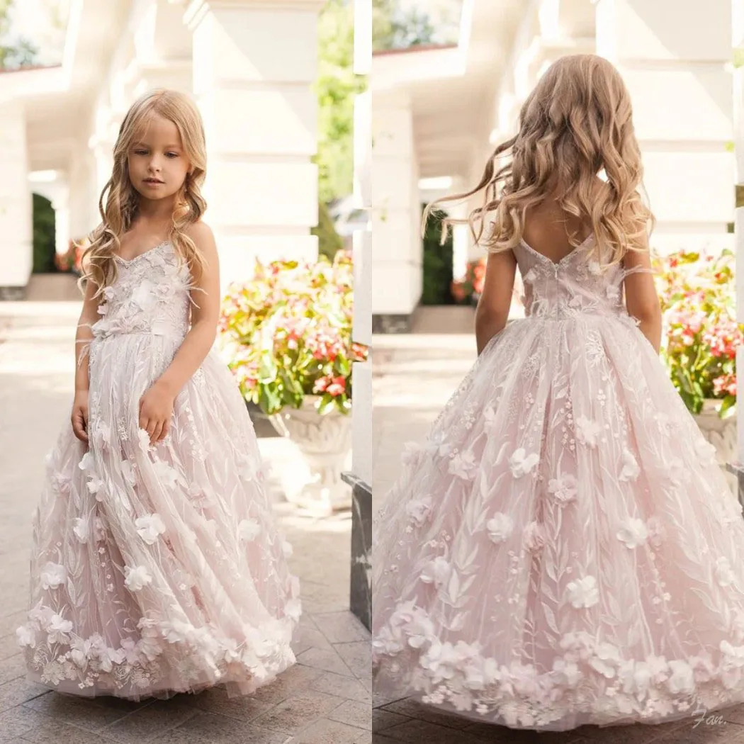 Romantic Flower Girl Dress Spaghetti Strap 3D Floral Lace Beaded Tulle Birthday Gowns Custom Sweet Princess Gowns