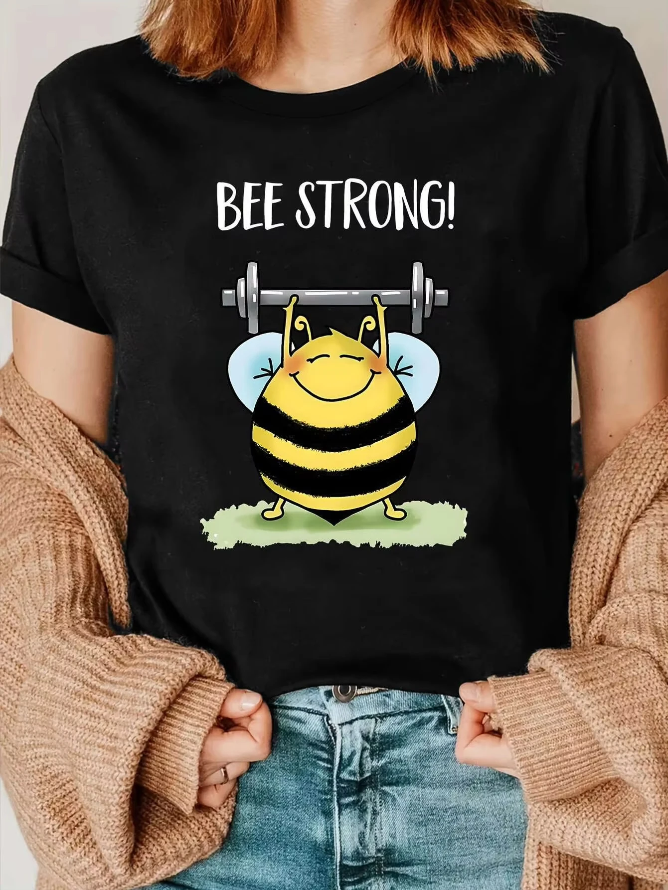 New T-shirt for Outdoor Leisure Sports Summer 2026 Round Neck Short Sleeves Funny Bee Fitness Pattern Printed Woman Casual Top