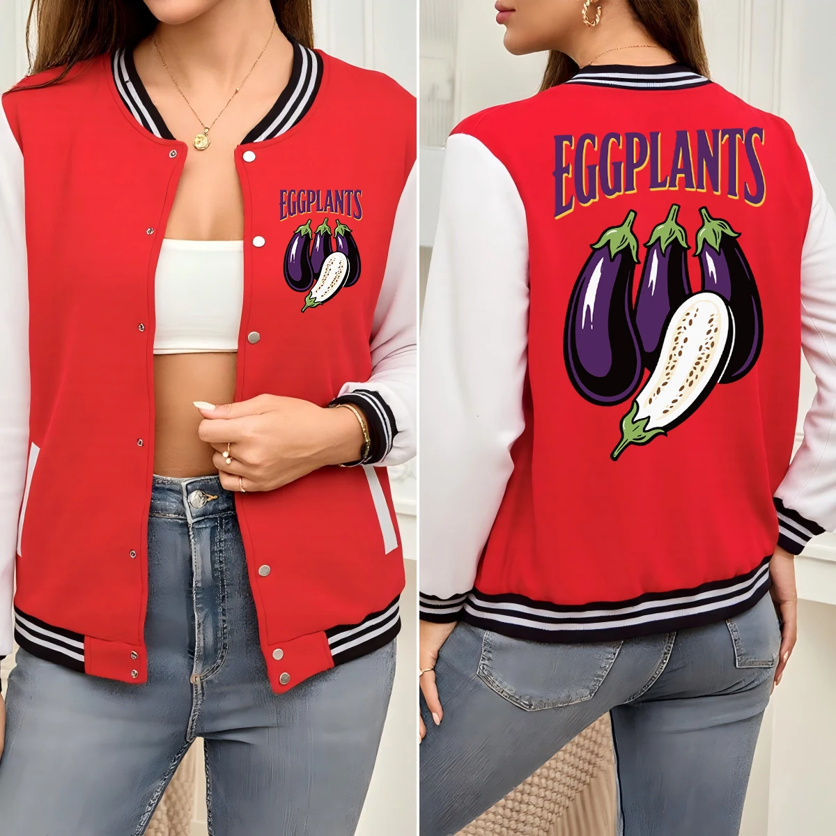 

Fresh Vegetables Eggplants Print Baseball Uniform Women Soft Loose Clothes Autumn Colorful Streetwear Cotton Woman Jacket
