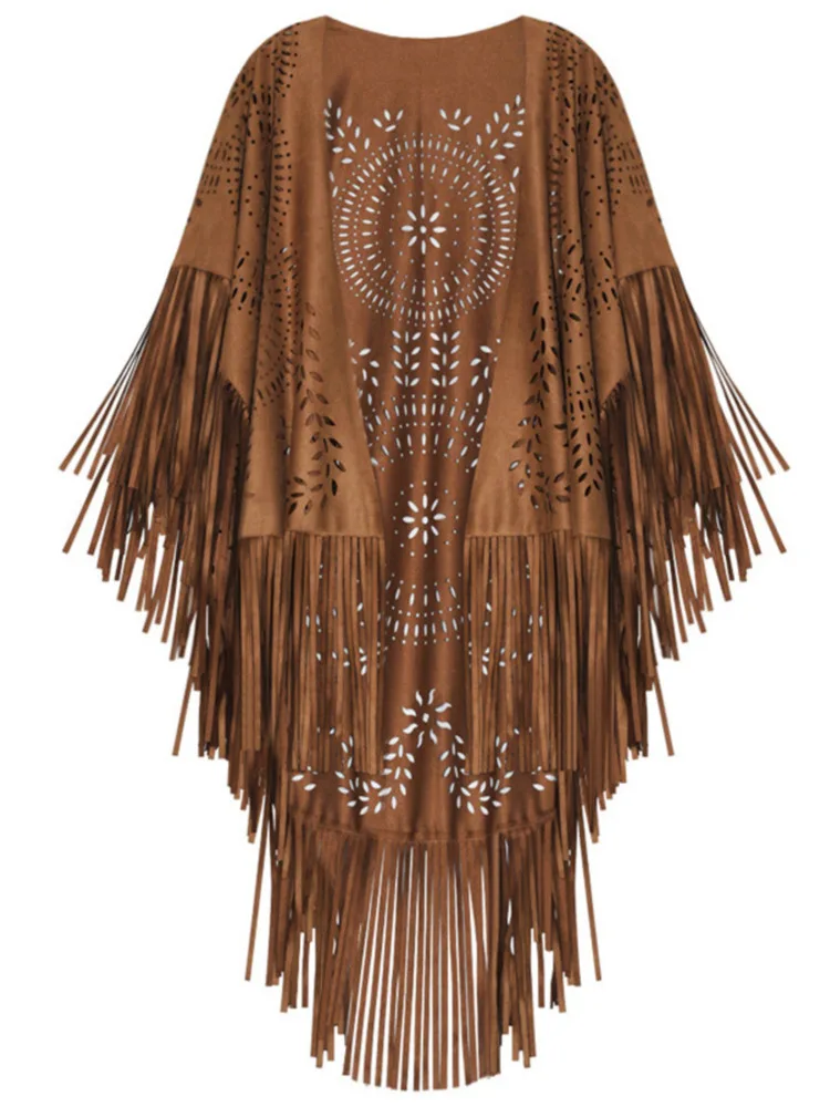 Camel Suede Floral Hollow Out Fringe Tassel Shawl Women Vintage Capes Ponchos Autumn Bohemian Cardigan Cloak Boho Capes