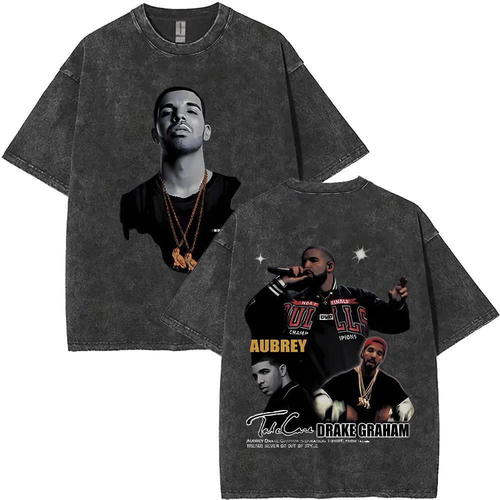 

Washed Vintage Rapper Drake Face Graphic T-shirt Men Women Hip Hop Fashion Oversized Short Sleeve Casual 100% Cotton T Shirts