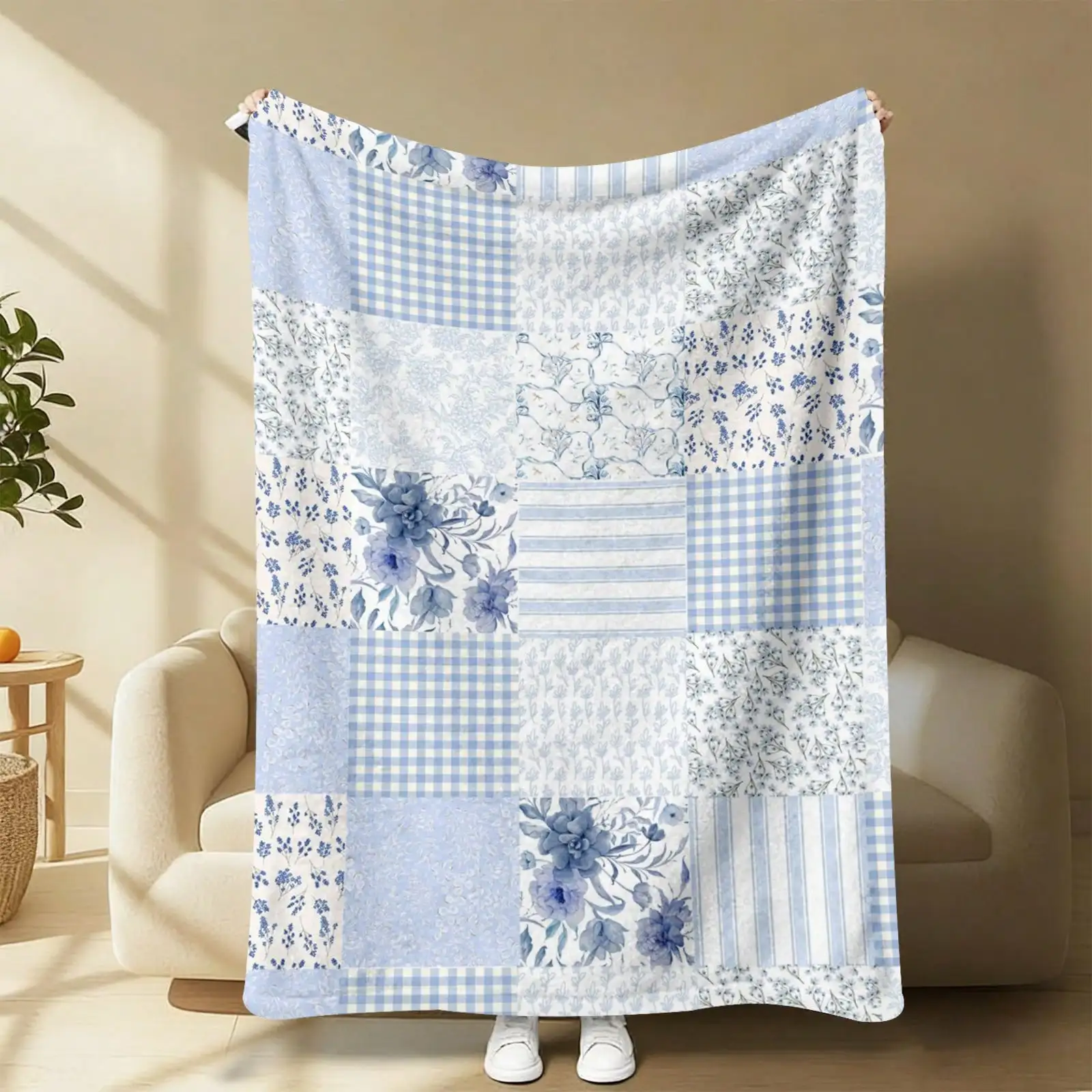 Blue White Patchwork Floral Throw Blanket, Vintage Cottagecore Soft Flannel Cozy Plaid Blanket for Couch Bed Travel Gift