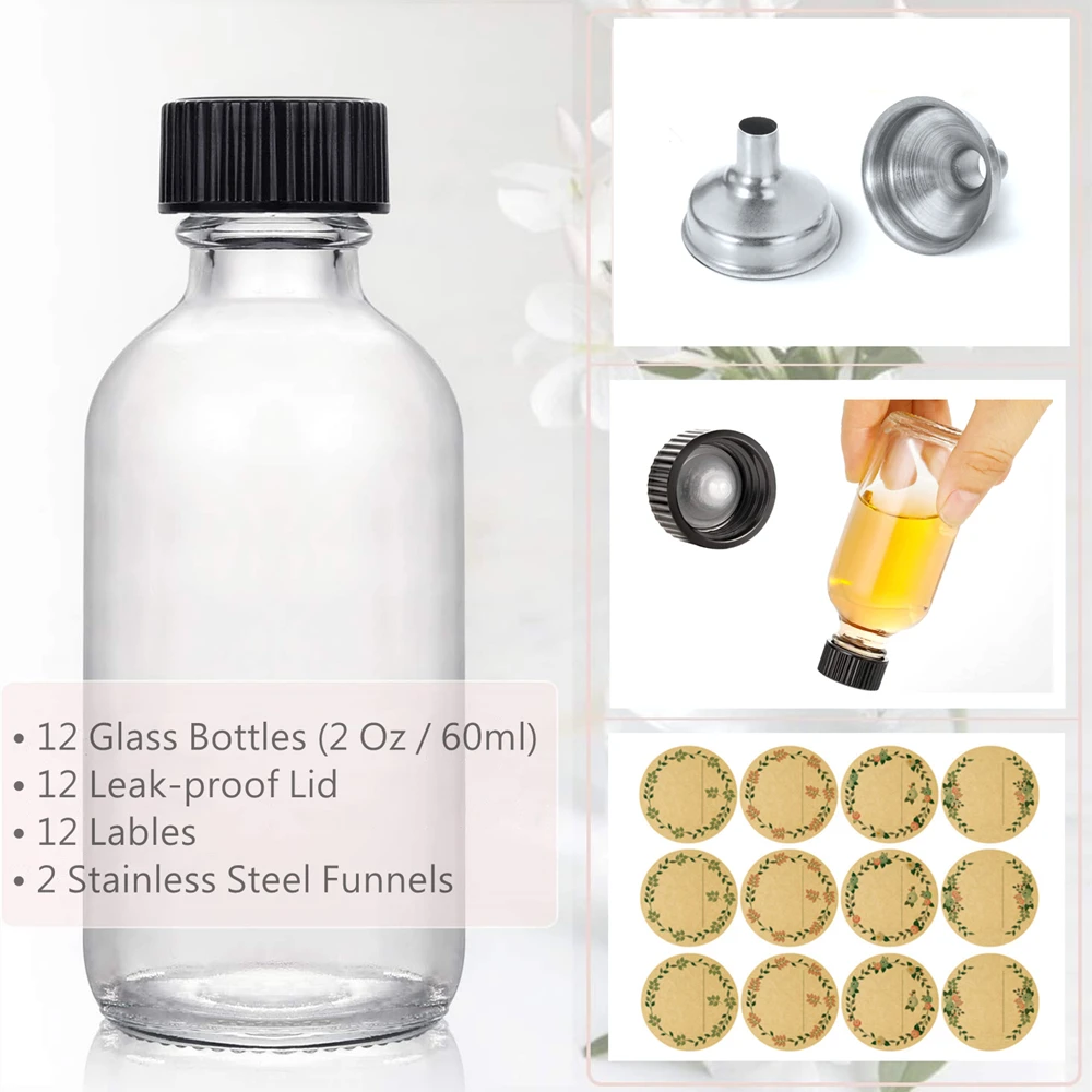 2 oz Small Clear Glass Bottle with Lids, Mini Travel Boston Sample Bottles for Potion, Juice, Ginger Shots, Whiskey, 12pcs 60ml