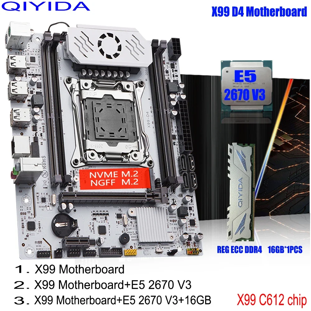 QIYIDA X99 Motherboard Set Kit LGA 2011-3 Xeon E5 2670 V3 CPU Processor 16G REG ECC DDR4 RAM Memory NAME M.2 SATA3.0 USB3.0